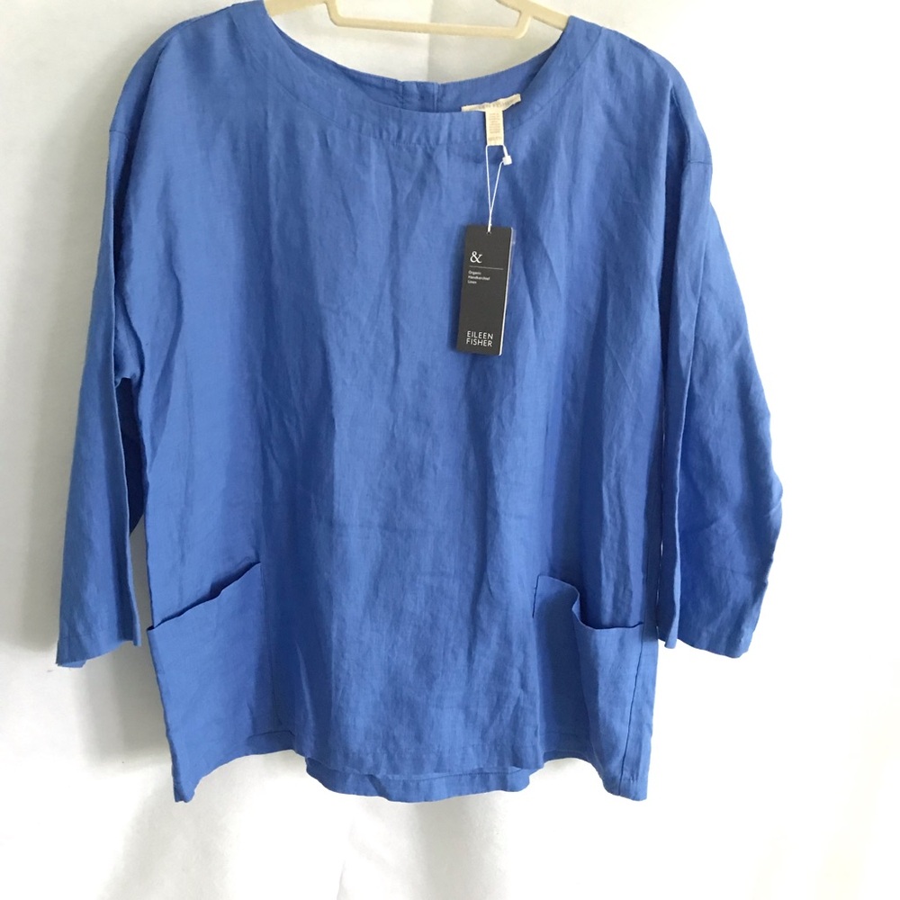 Eileen Fisher Blue Linen Pocket Tunic Top